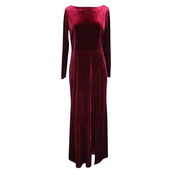 Rebecca B Womens Red Velvet Maxi Dress Size 12 Elegant Open Drape Back Leg Slit - Picture 2 of 13